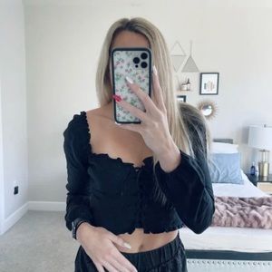 Reformation Black Linen Ruffle Cropped top